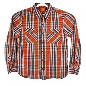 Merrell Shirt Men’s Large Orange Plaid Check Cotton Button Up Pockets Outdoor